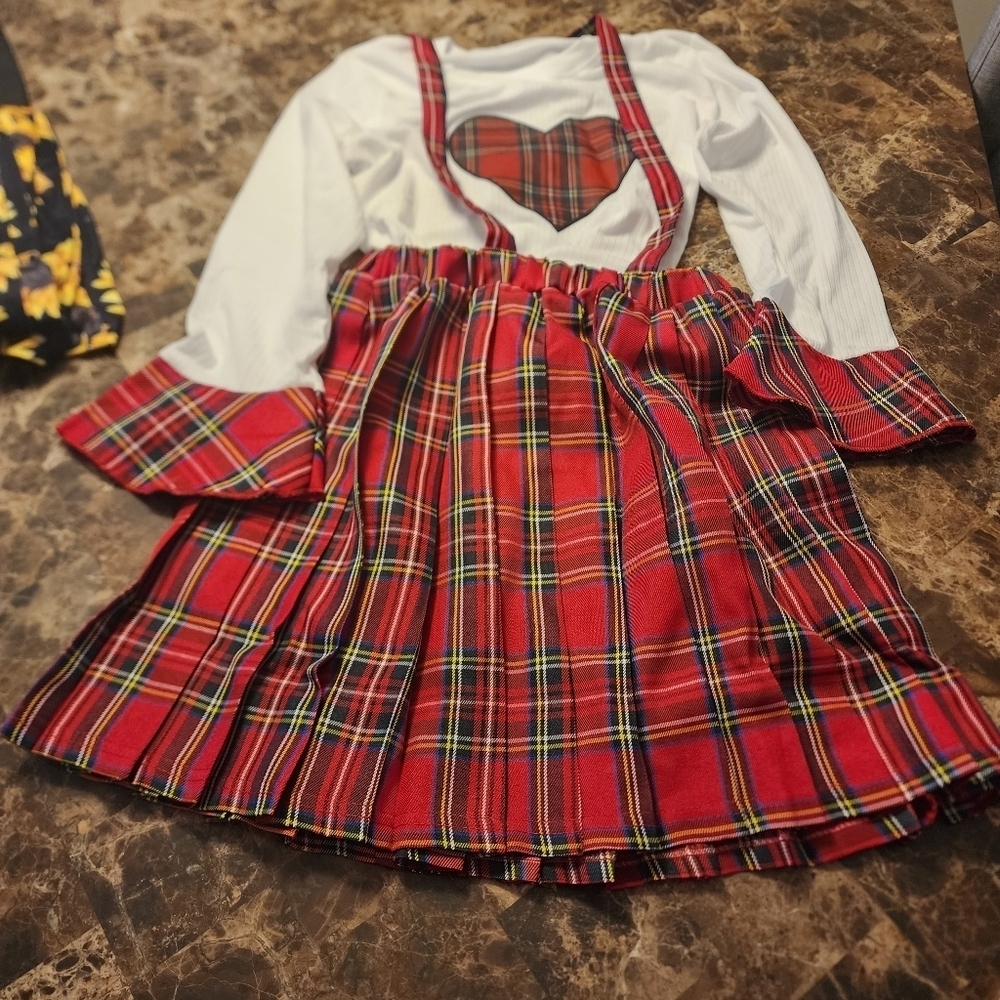 X7- Girls Red Plaid Overall Dress